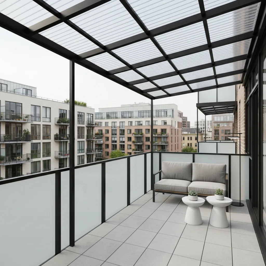 Small apartment balcony with installed polycarbonate roof structure