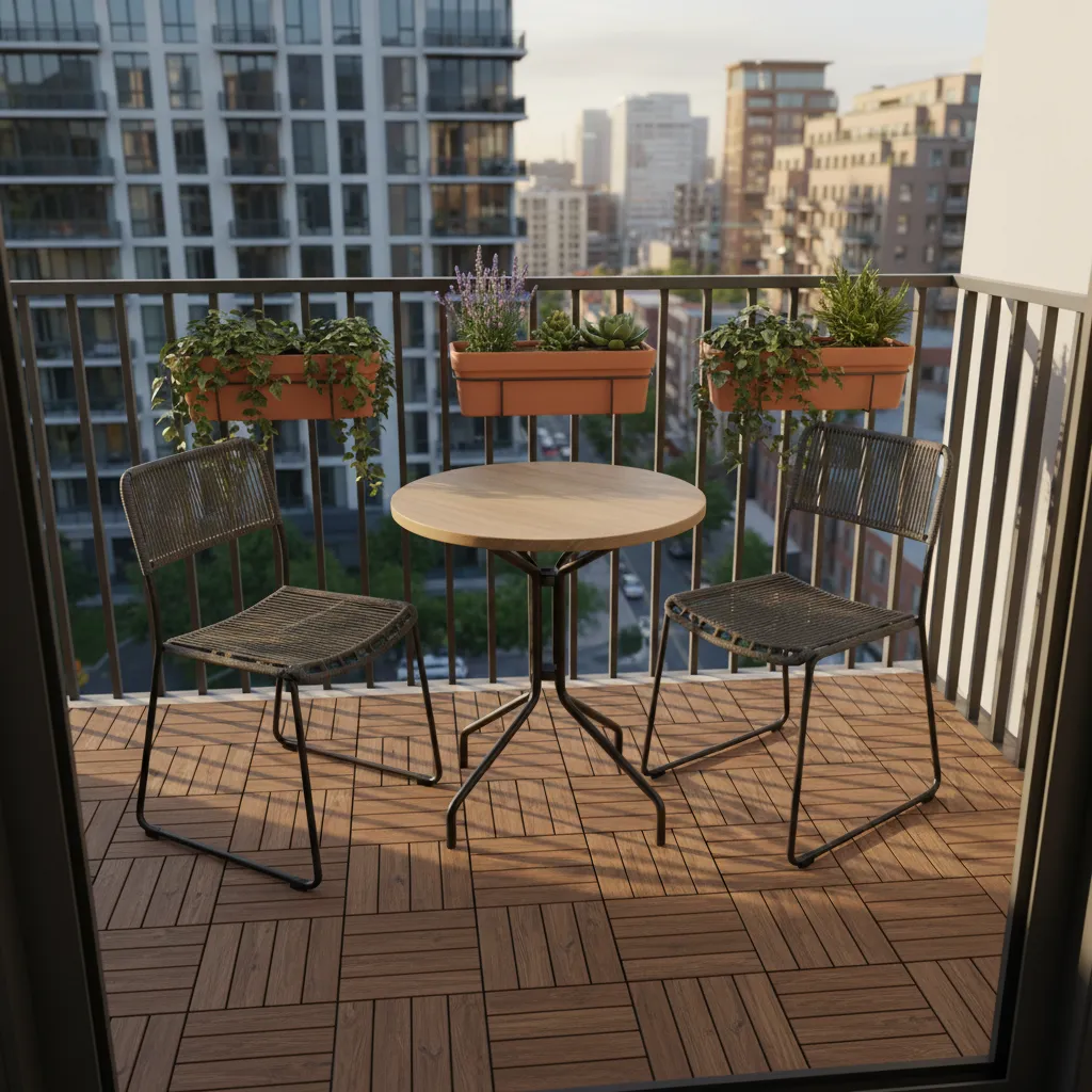 Small apartment balcony with compact seating and plants