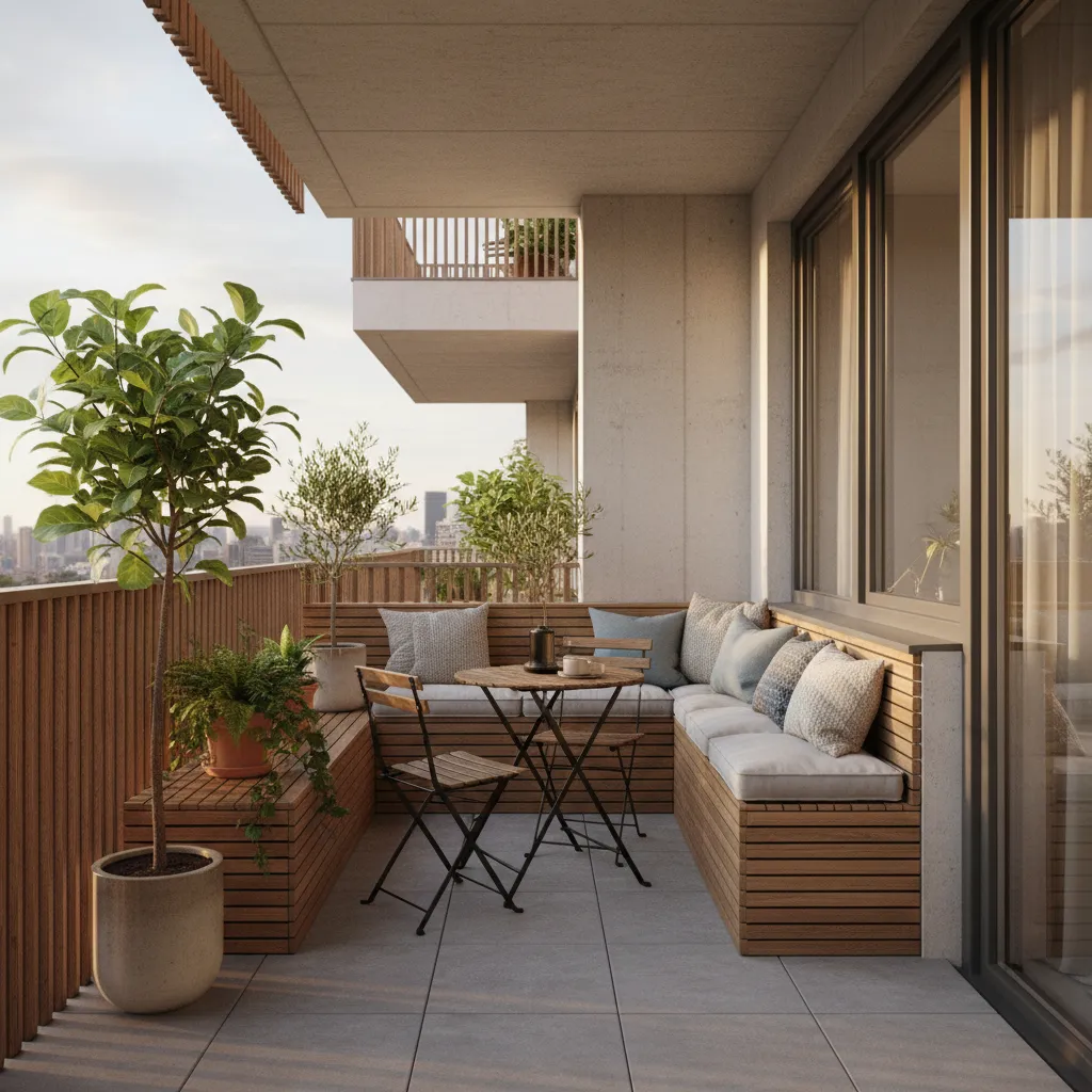 Small balcony with storage bench and compact table
