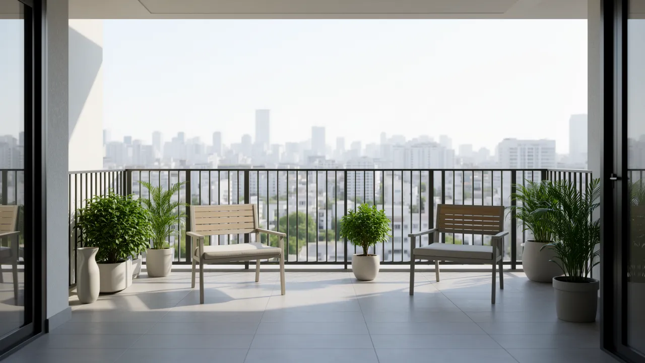 small apartment balcony with modern outdoor floor tiles and plants