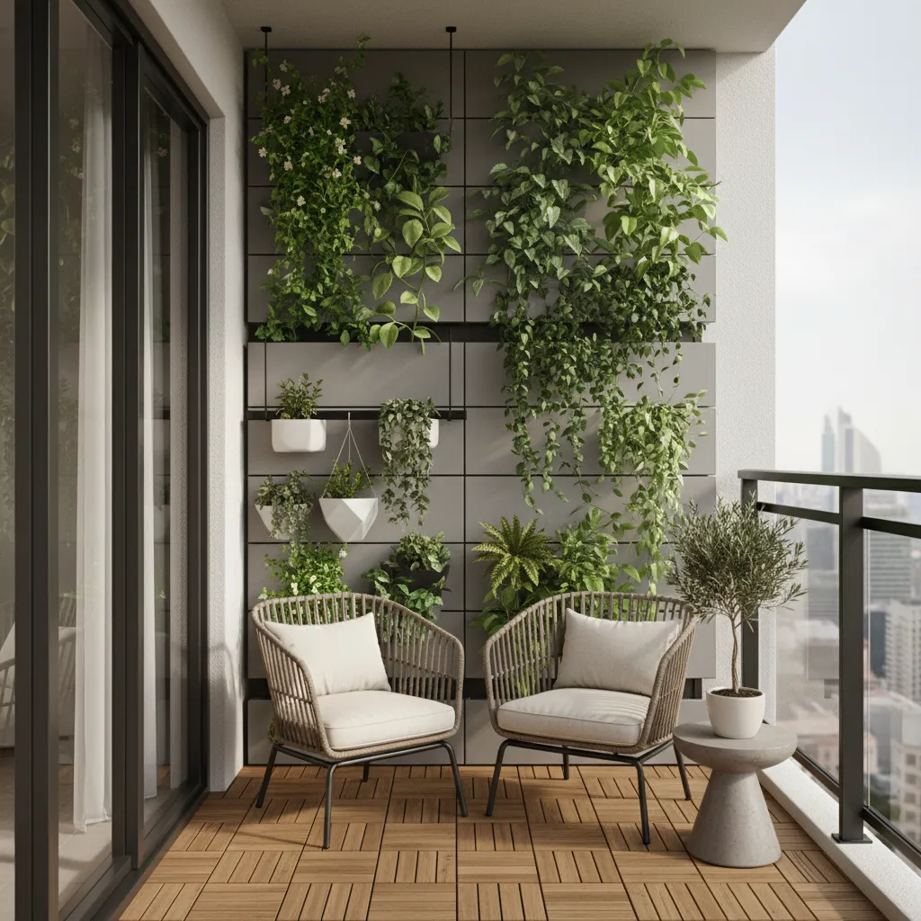 Small balcony with vertical wall planters and hanging greenery