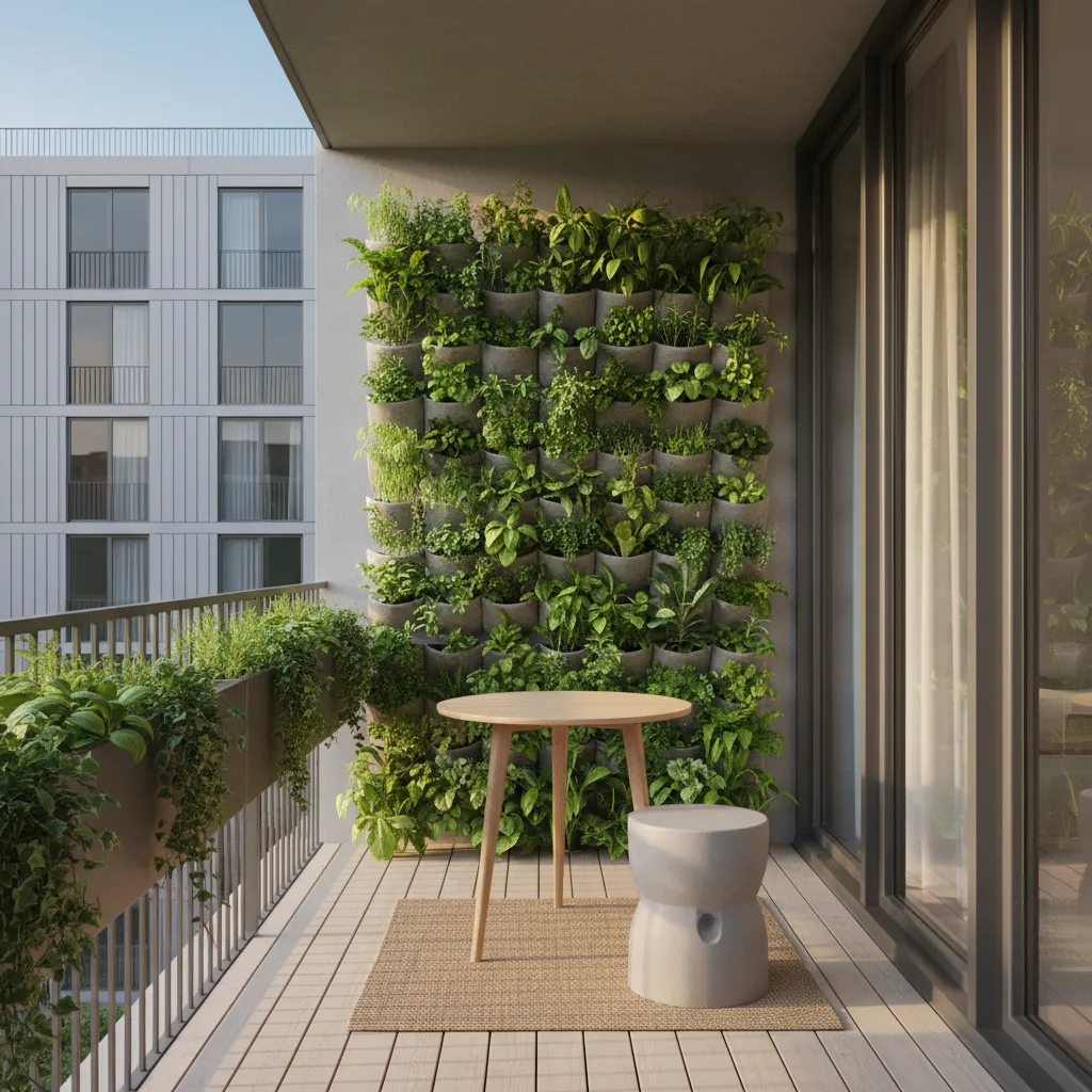 compact apartment balcony with vertical garden wall and railing planters