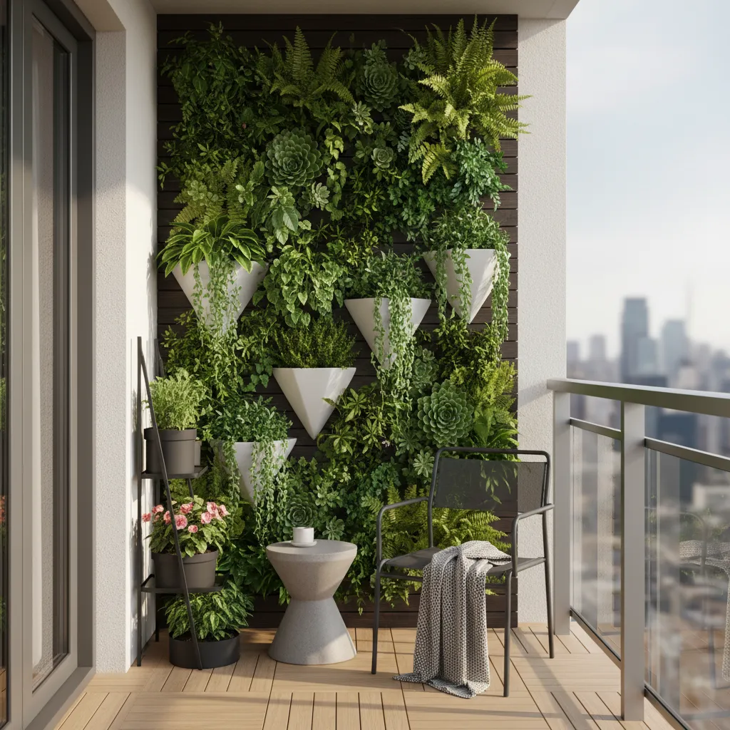 tiny apartment balcony with vertical garden wall and hanging plants