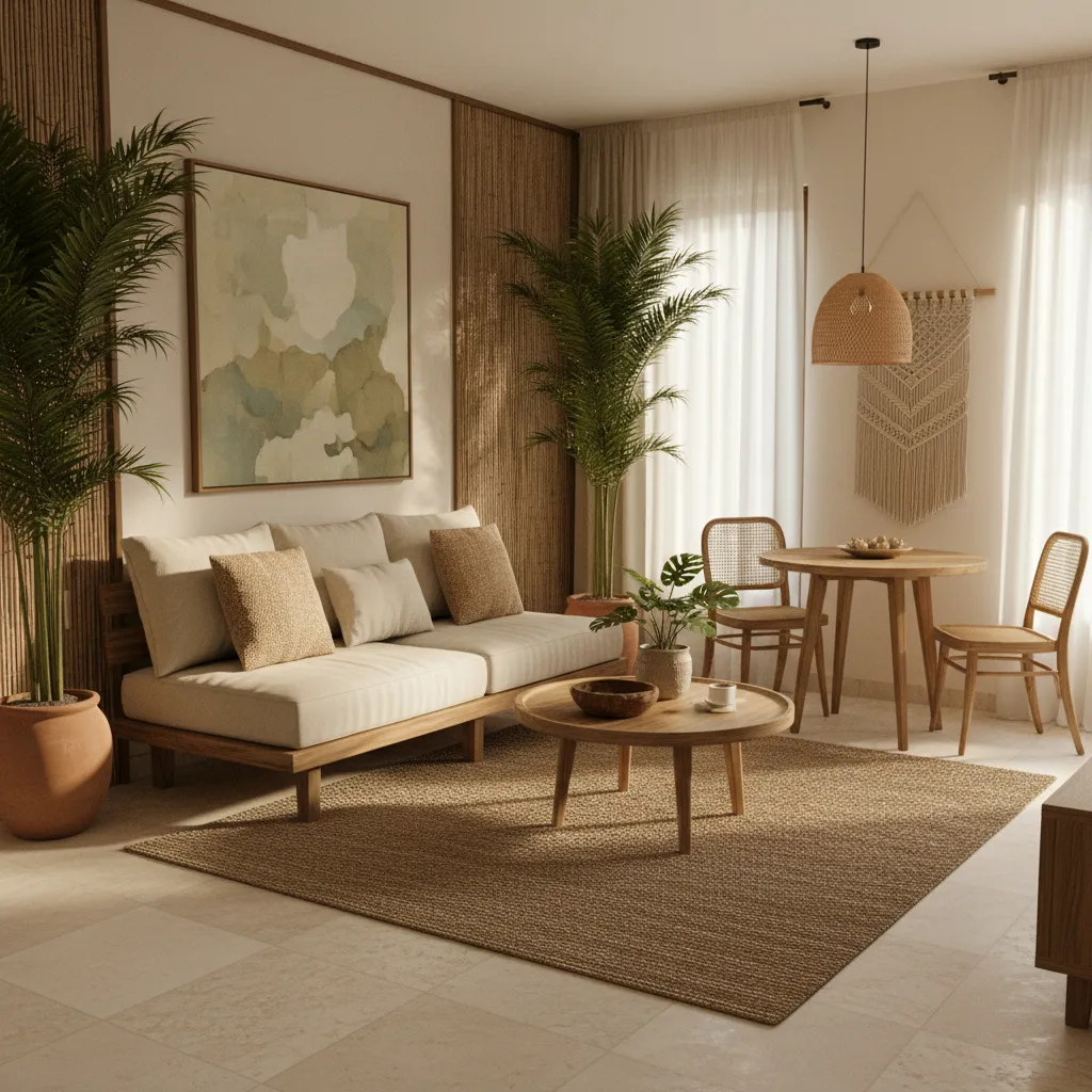Bali style living room with cream sofa coffee table jute rug and wood dining table