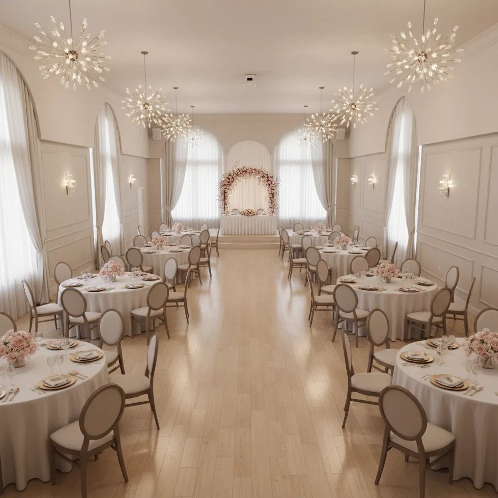 Small banquet hall interior with organized round table seating