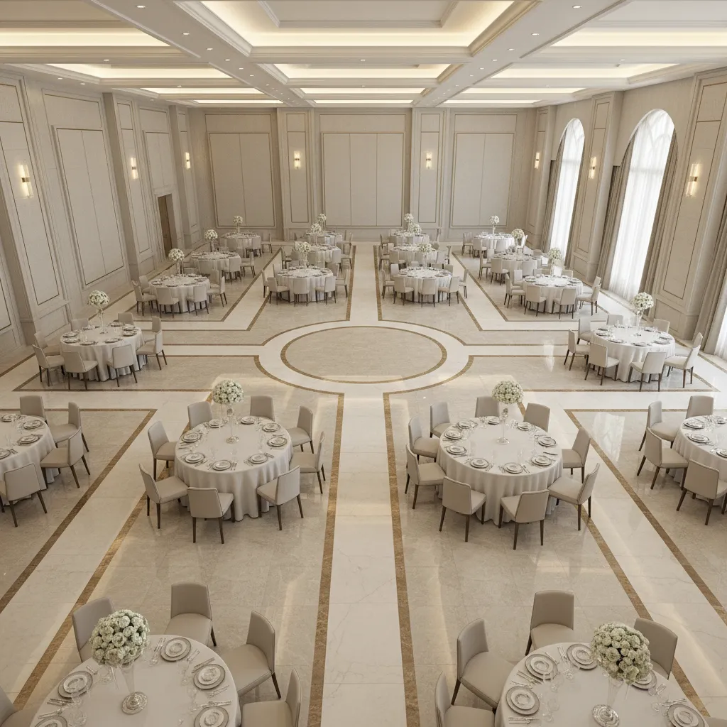Banquet hall seating layout with round table clusters