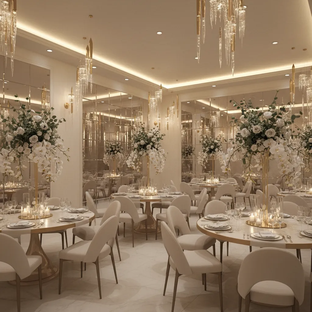 Tall centerpieces and vertical décor in small banquet hall