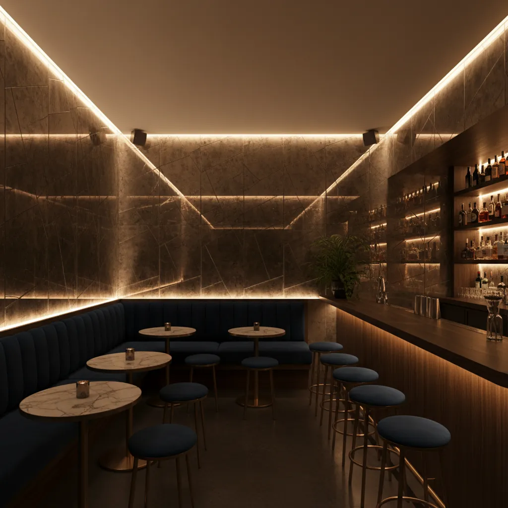 Diseño de bar pequeño con espejos e iluminación indirecta