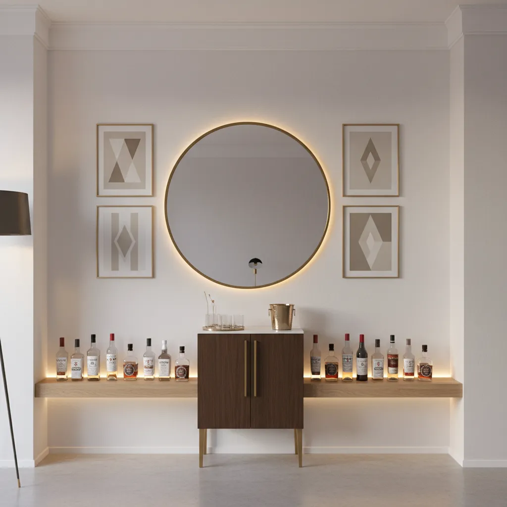 small home bar wall with centered mirror focal point and floating shelf
