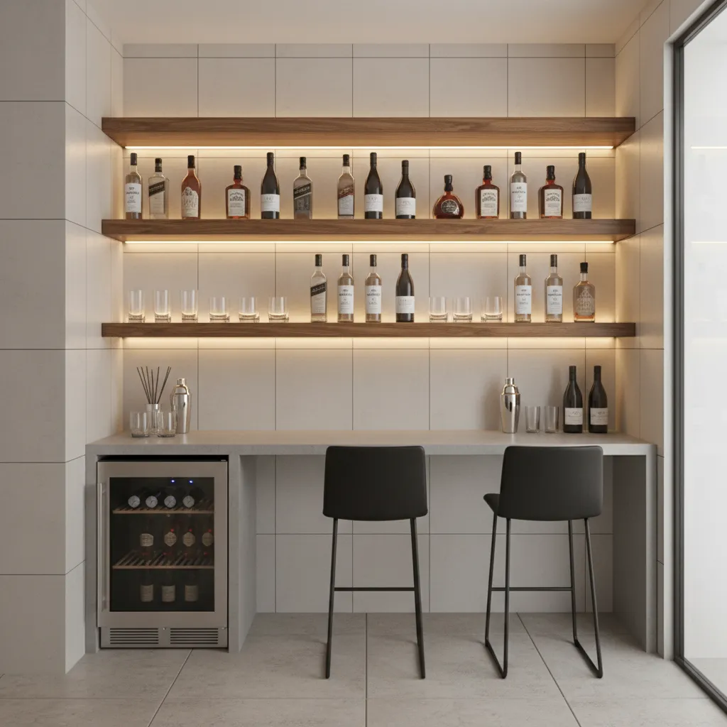 floating shelves above a small bar counter