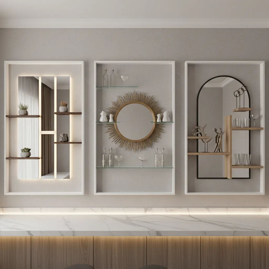 comparison of mirror art and shelves on small bar wall
