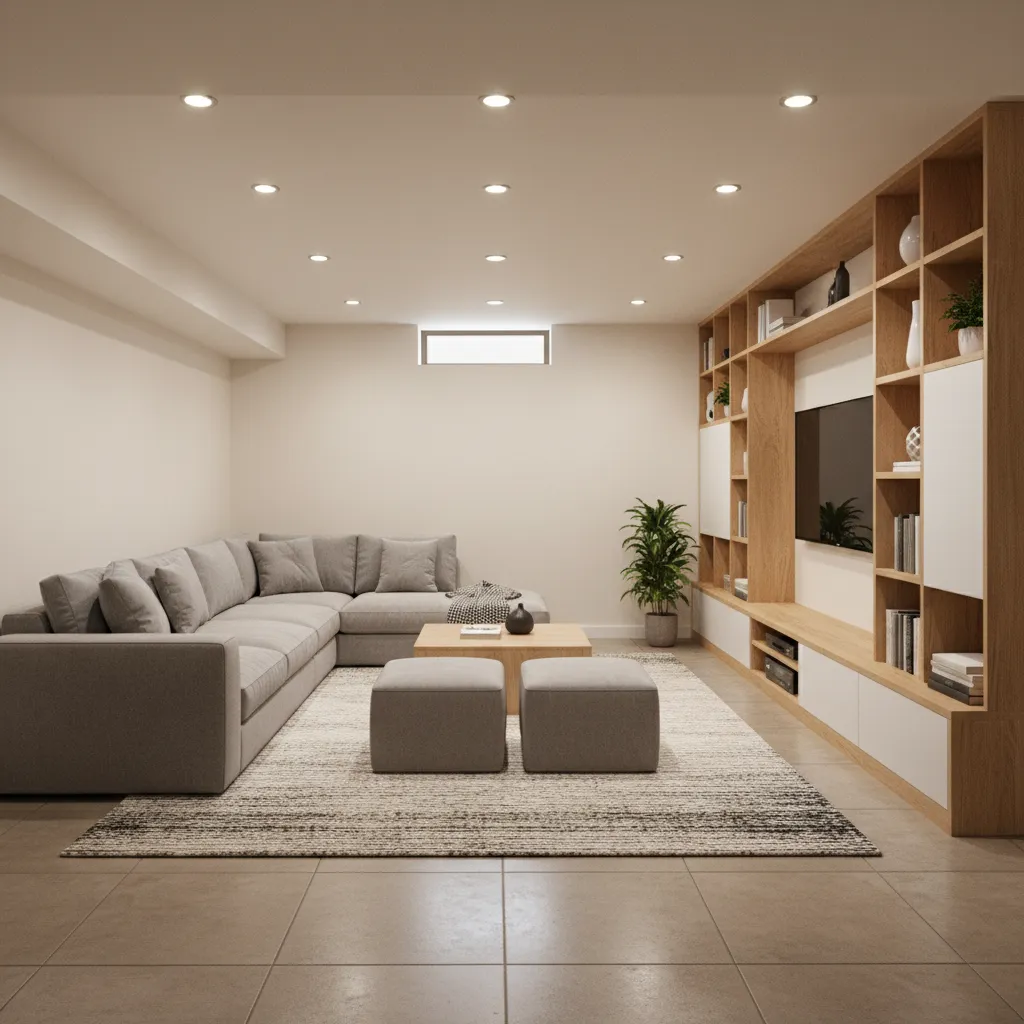 compact basement design with storage wall seating area and smart layout