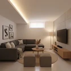 Modern basement living room with grey sofa wooden coffee table two footrests and wall television