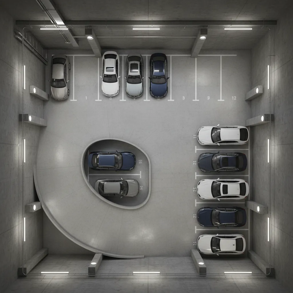 Efficient small basement parking layout with corner ramp placement