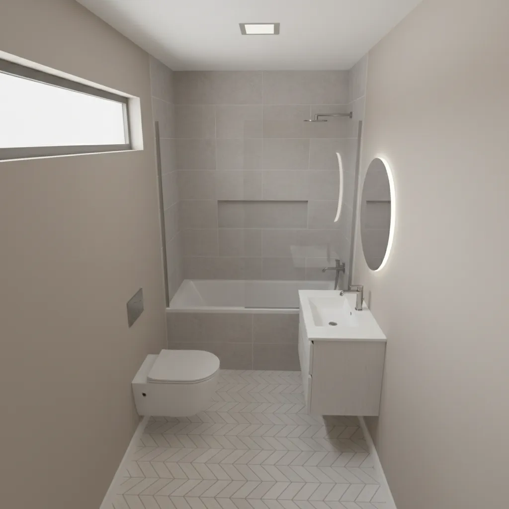 Example of a compact 5x8 bathroom layout with tub toilet and small vanity