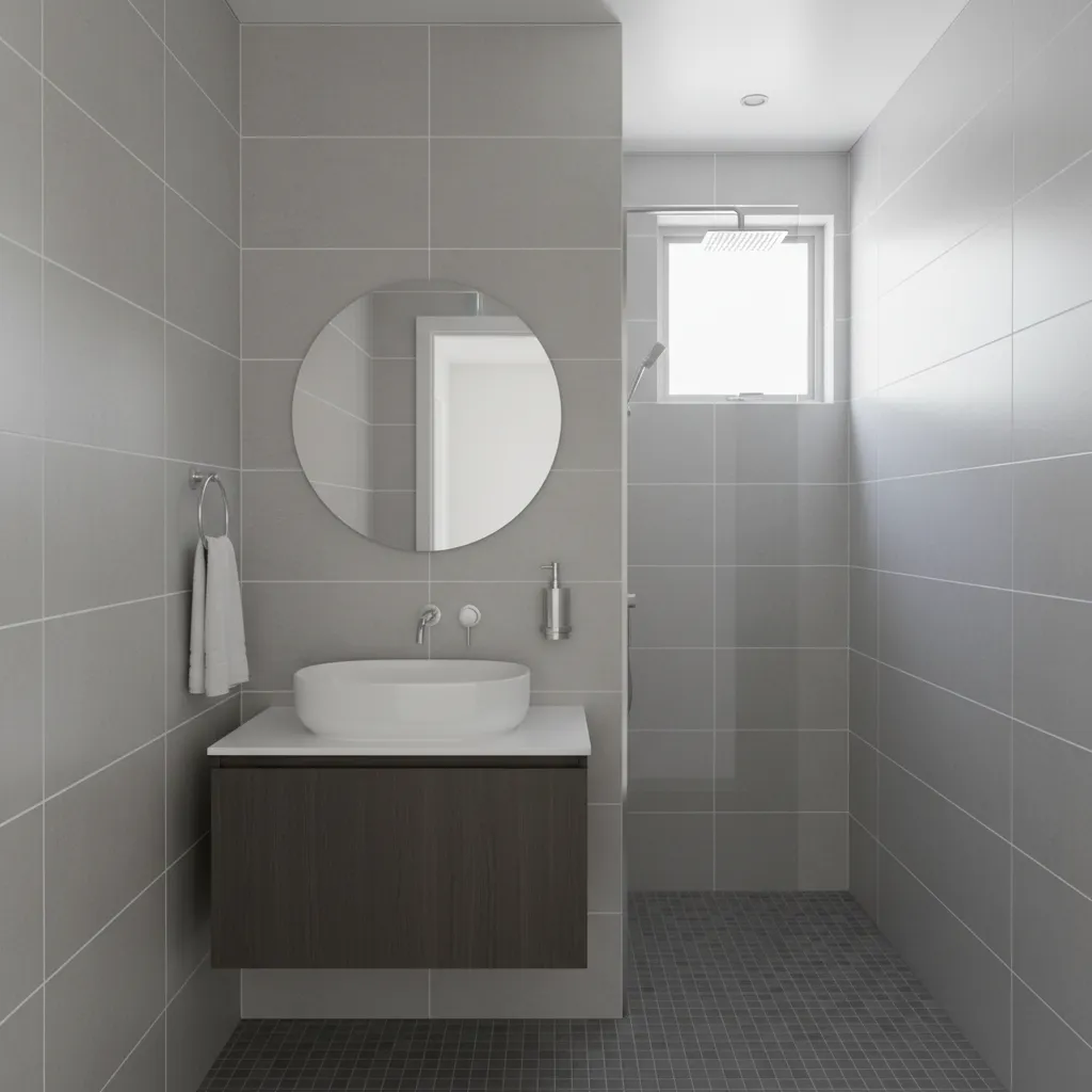 Small bathroom layout showing wall mounted accessories around a compact vanity