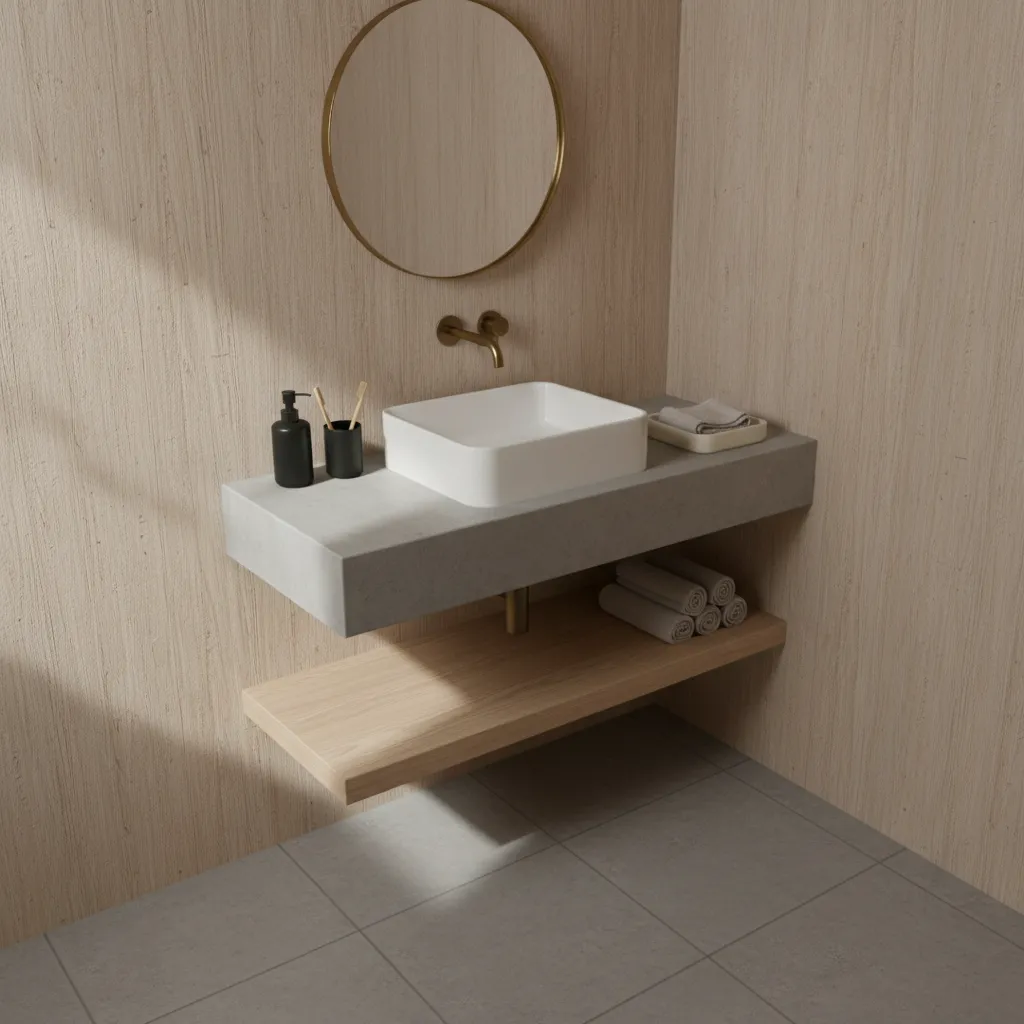 Small bathroom vanity showing limited counter space and accessory placement