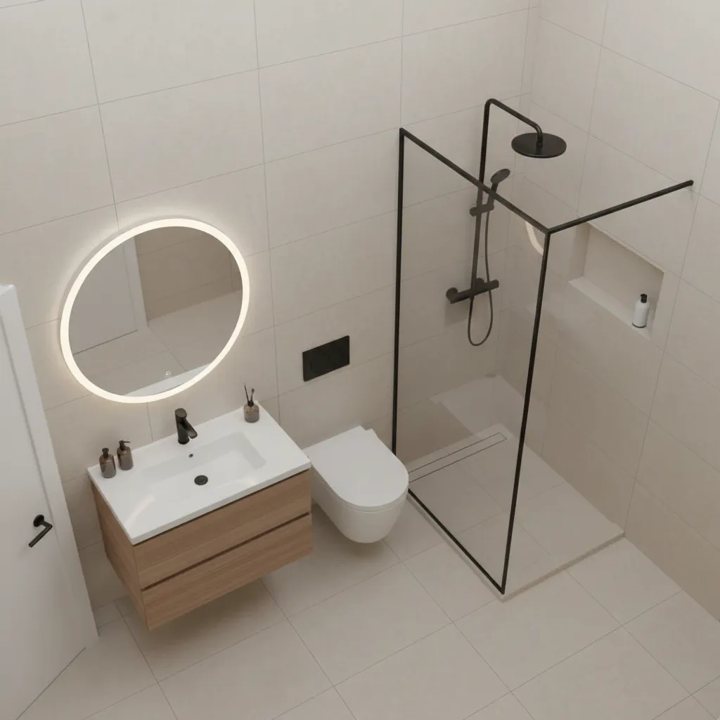 Compact bathroom layout optimized with AI showing efficient fixture placement