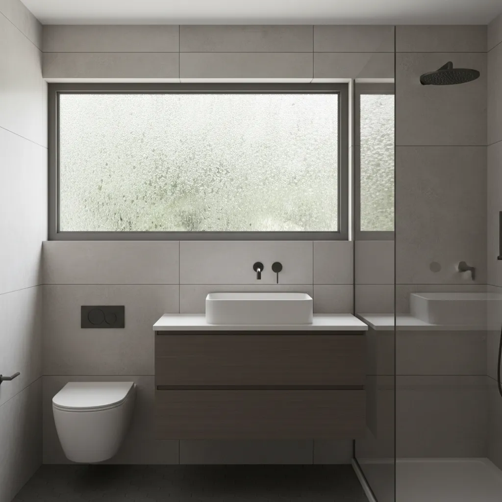 Small bathroom aluminum window with visible condensation on glass