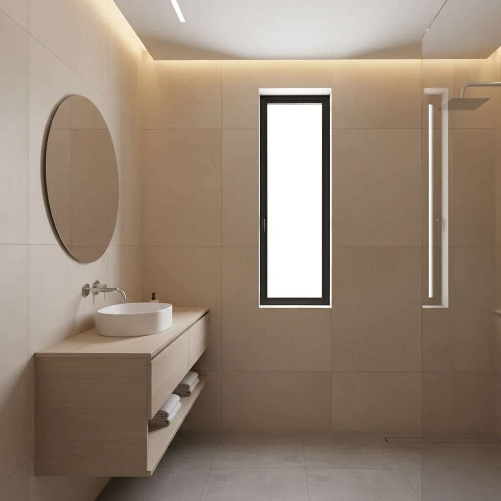 Small bathroom interior with aluminum window bringing in natural daylight