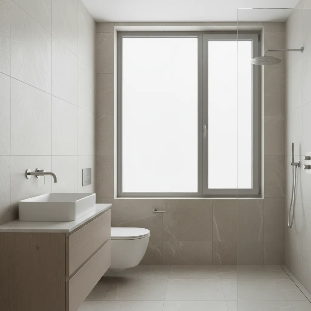 Small bathroom interior with aluminum framed frosted window allowing daylight