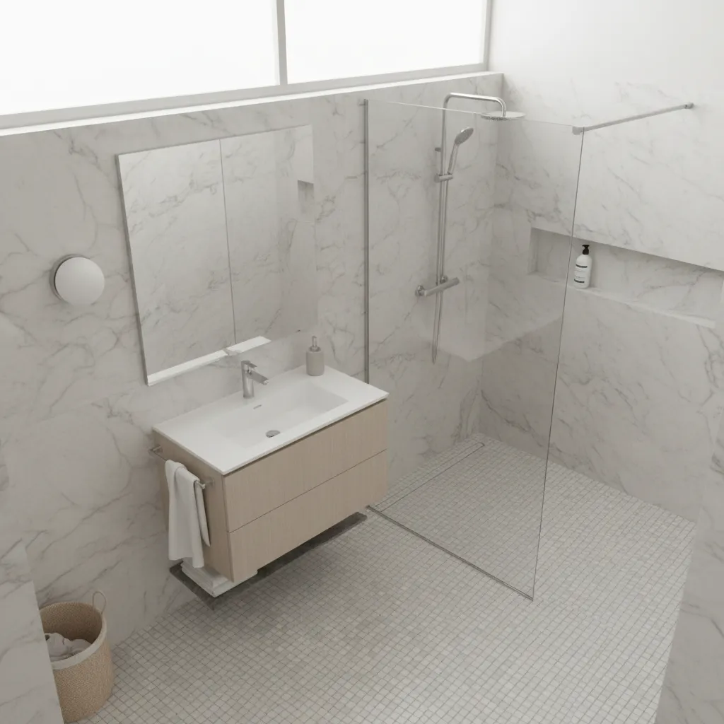 Small bathroom using basket weave tile floor to maintain balanced scale