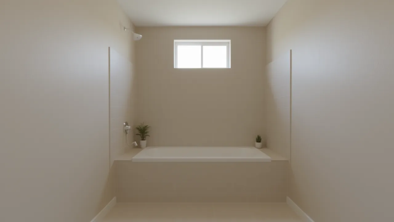 Compact bathroom with bathtub alcove and modern wall tile layout