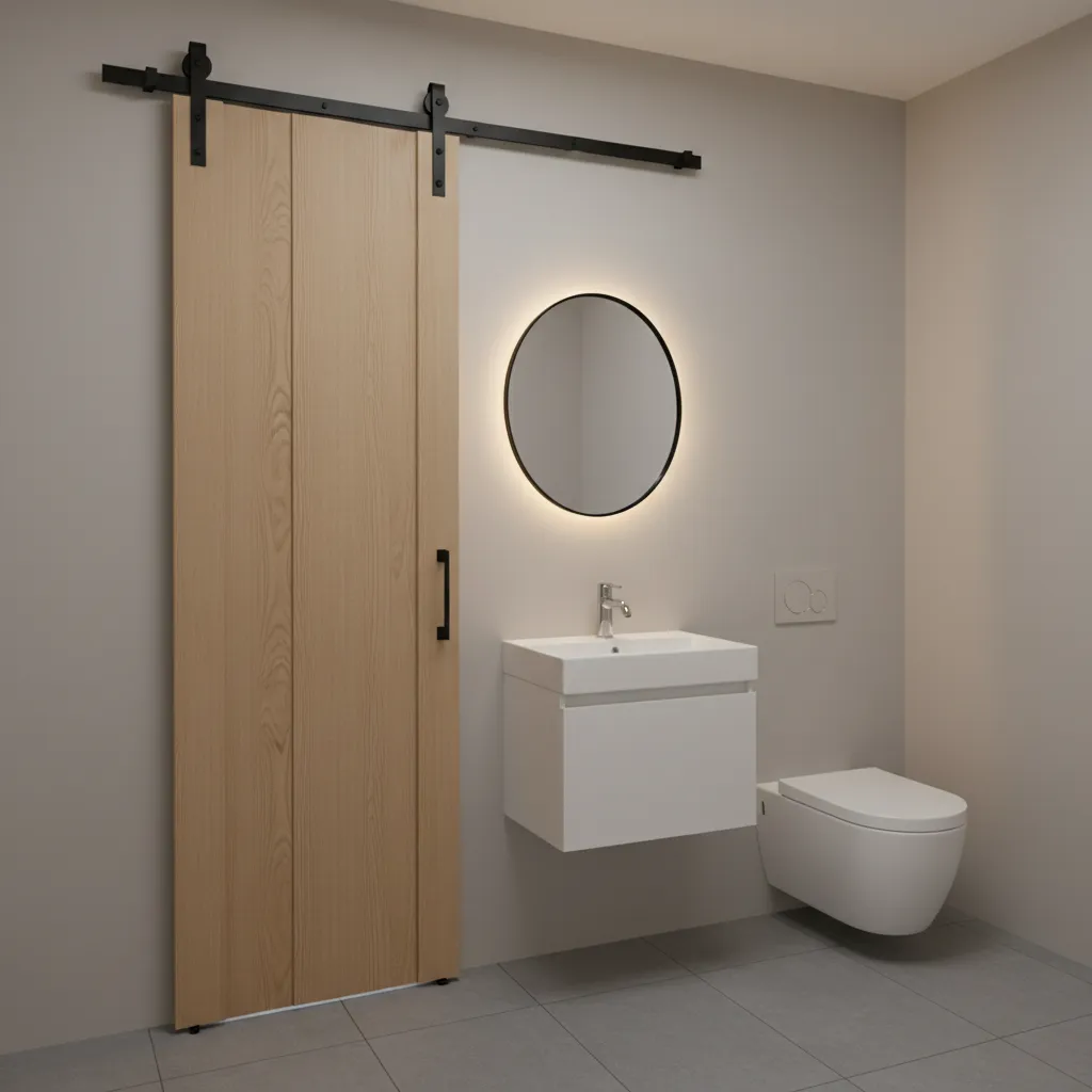 Compact bathroom with bifold barn door next to sink and toilet