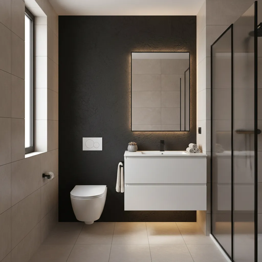 Small modern bathroom with black accent wall and white fixtures