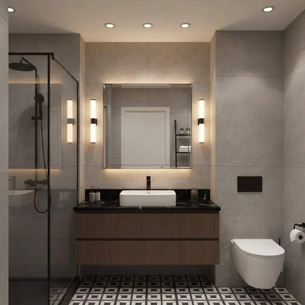 Small bathroom with black countertop and layered lighting design