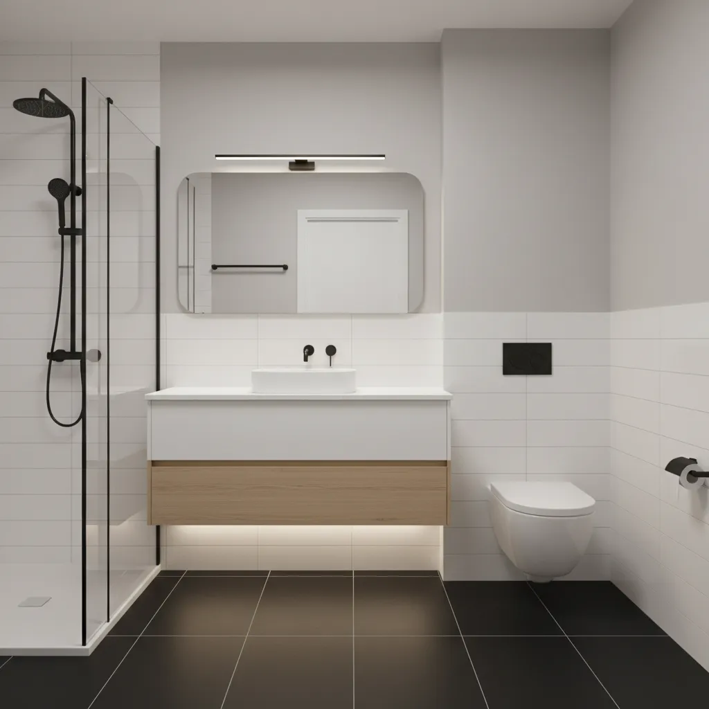 small bathroom using black floor tiles with light walls and mirror