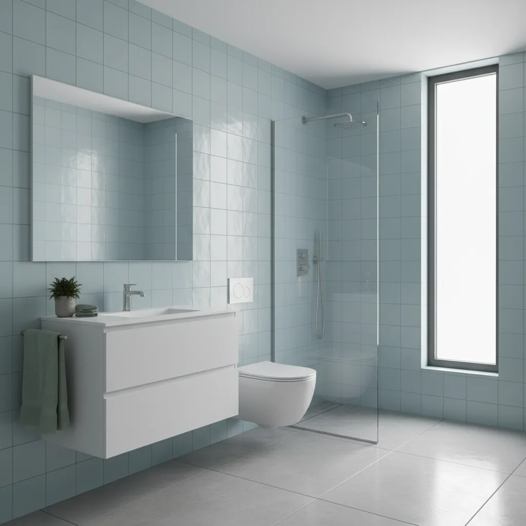 Compact bathroom using soft blue and green tones with mirror and floating vanity