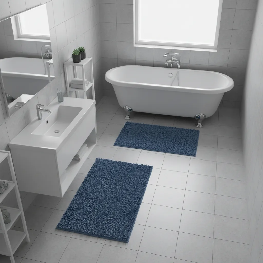 compact bathroom with blue rug set placed near sink and bathtub