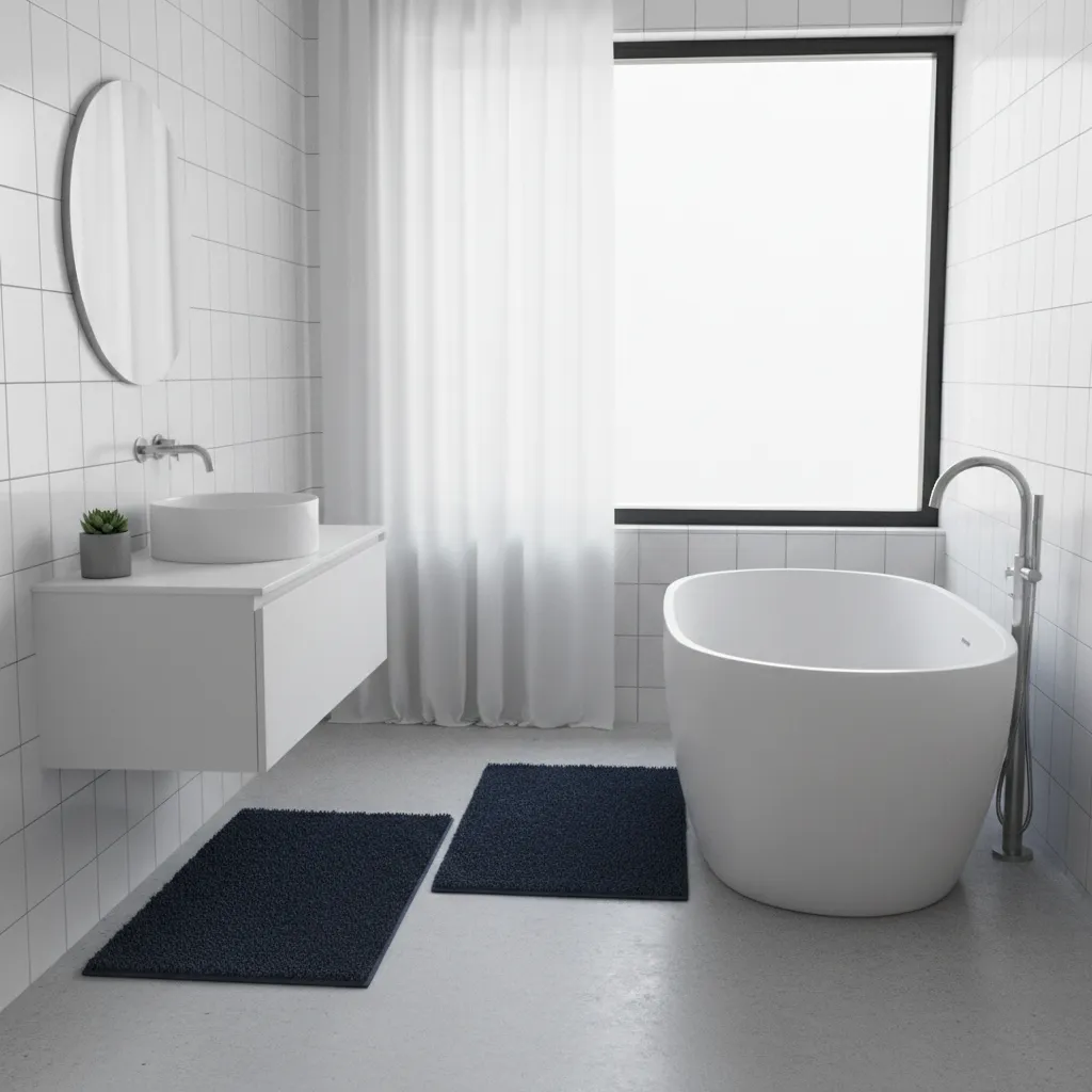 Small bathroom with navy blue rug set near bathtub and vanity