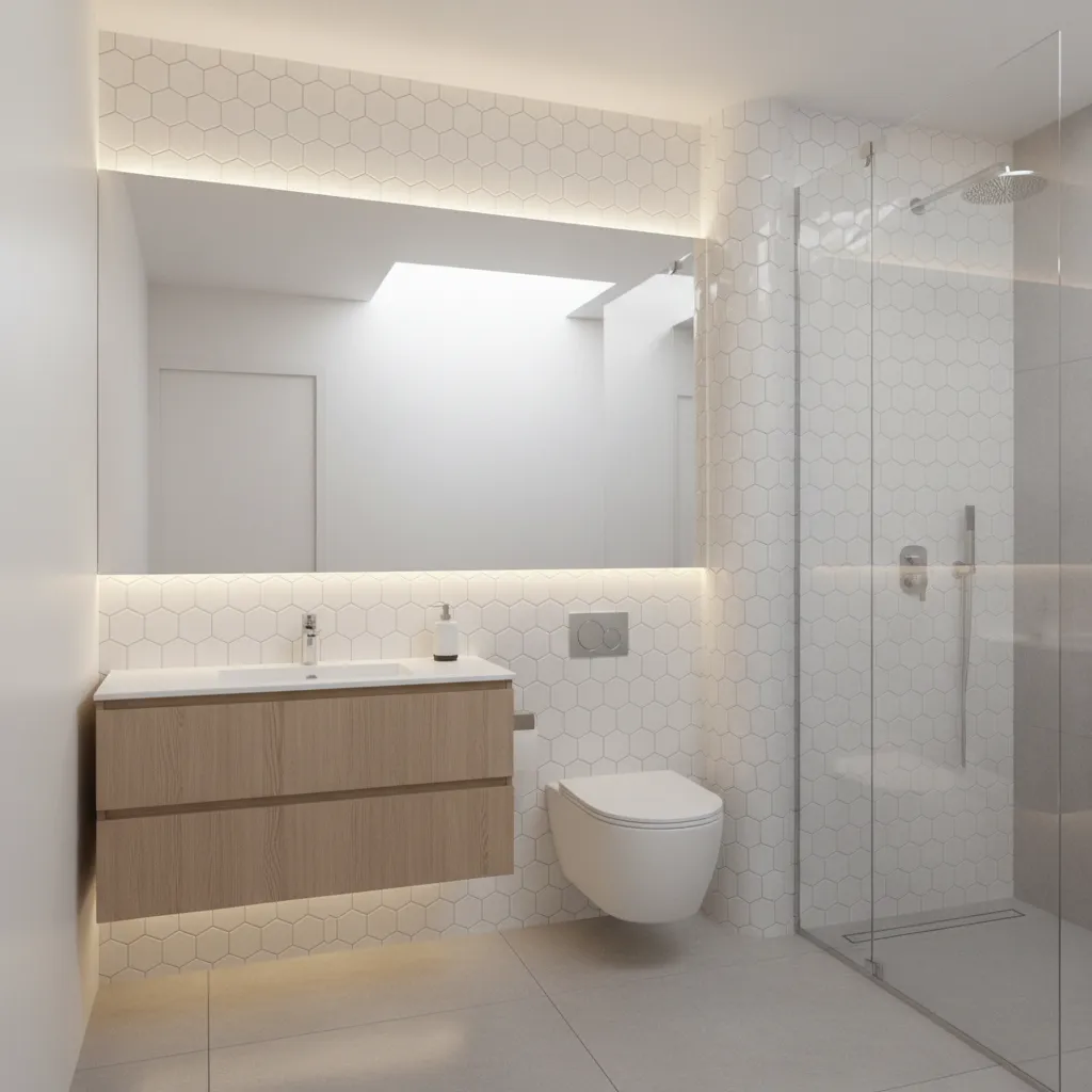 Small bathroom with glossy bubble tile accent wall reflecting light