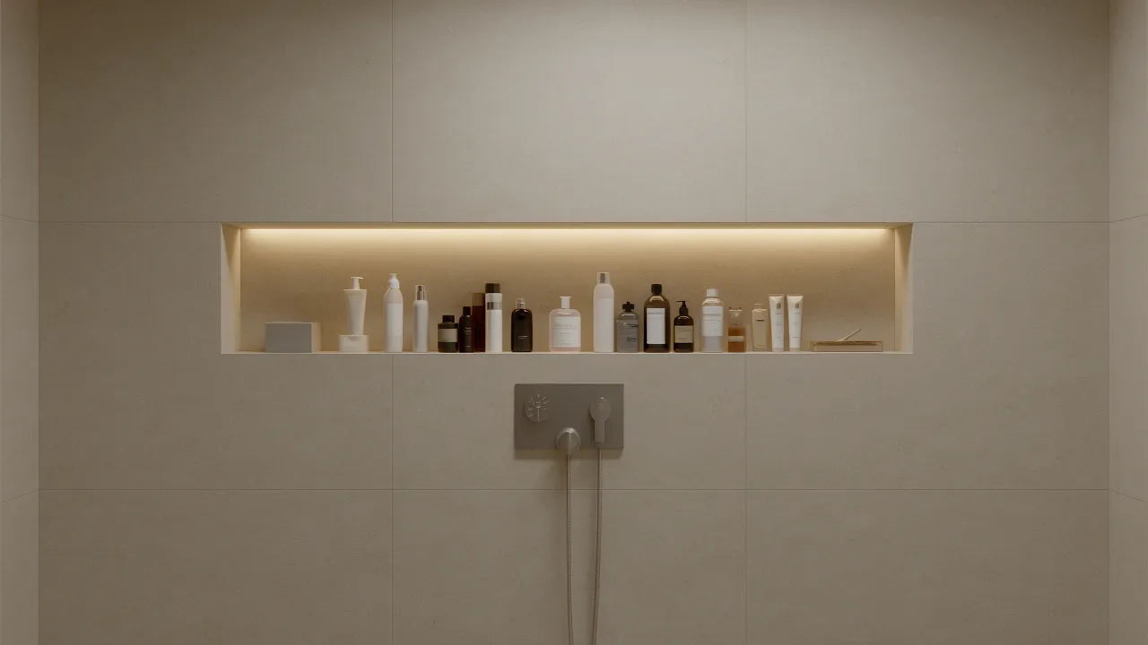 small bathroom shower wall with built in niche storage and modern tile