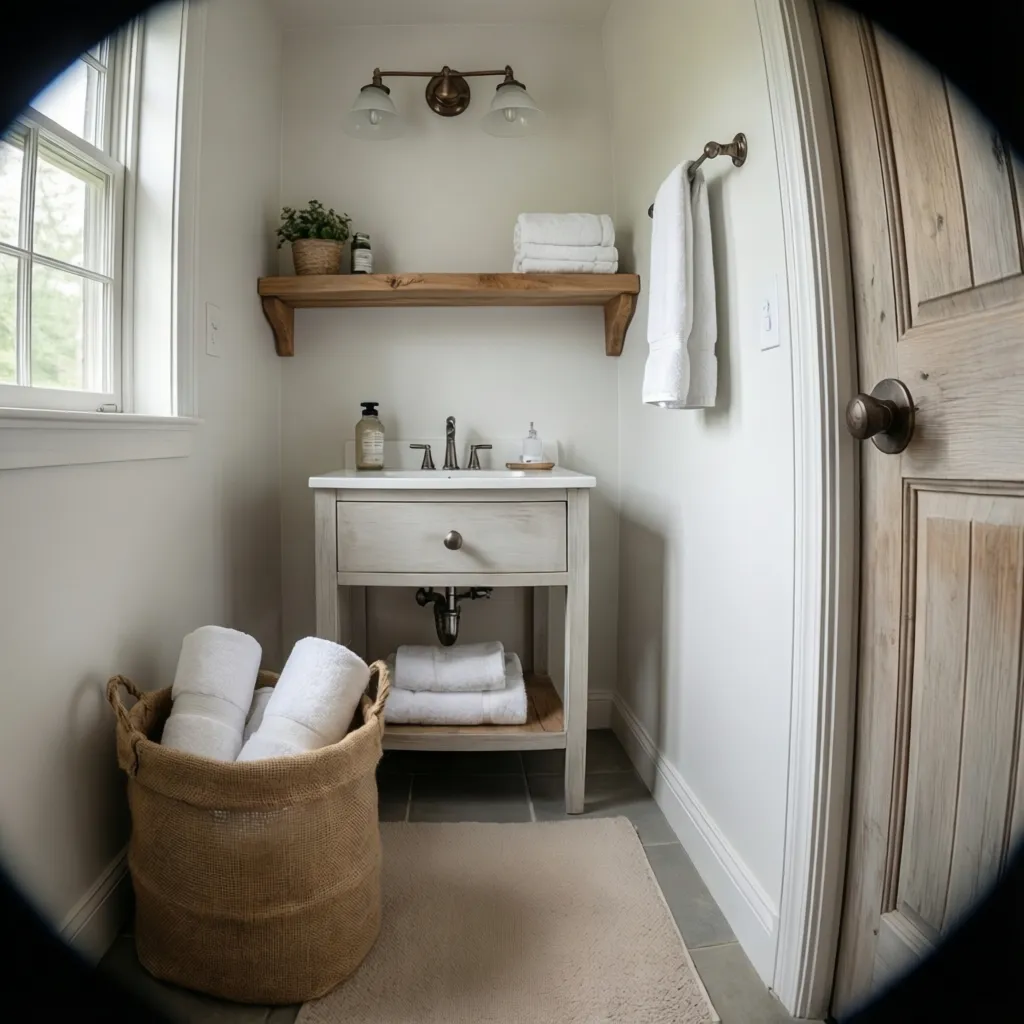 Compact bathroom with burlap towel basket and neutral decor