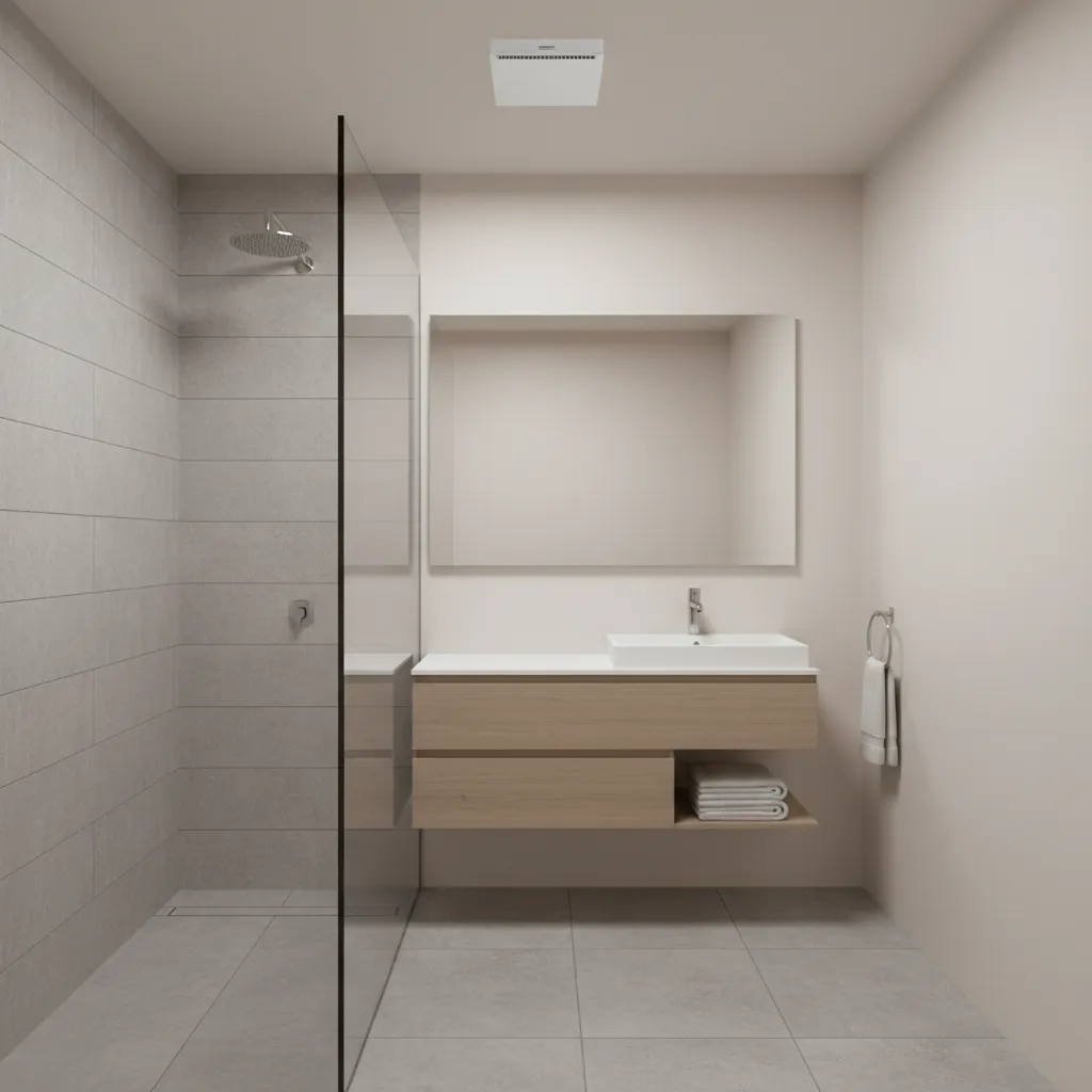 compact ceiling exhaust fan installed in a small modern bathroom