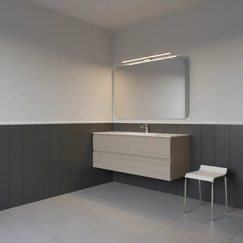 compact bathroom interior with slim chair rail dividing wall colors