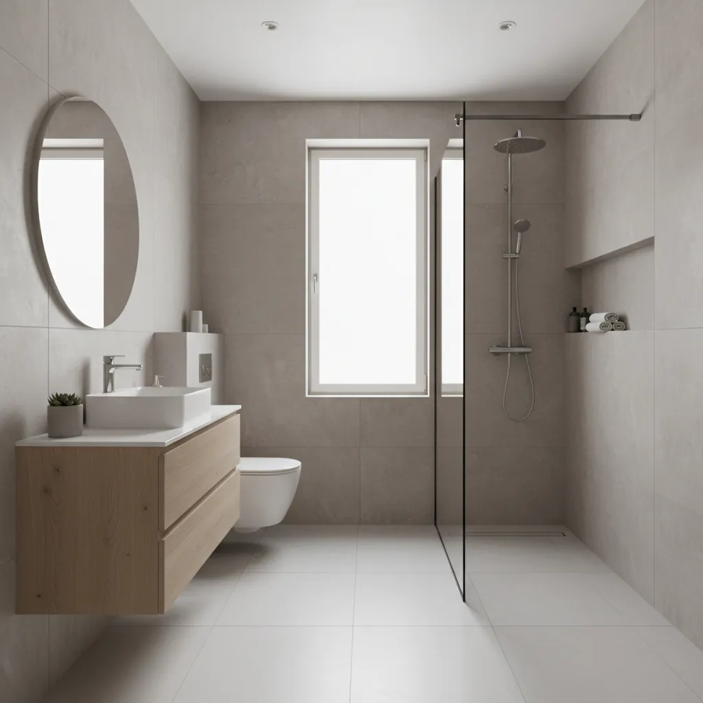 small bathroom with clear circulation path between vanity toilet and shower