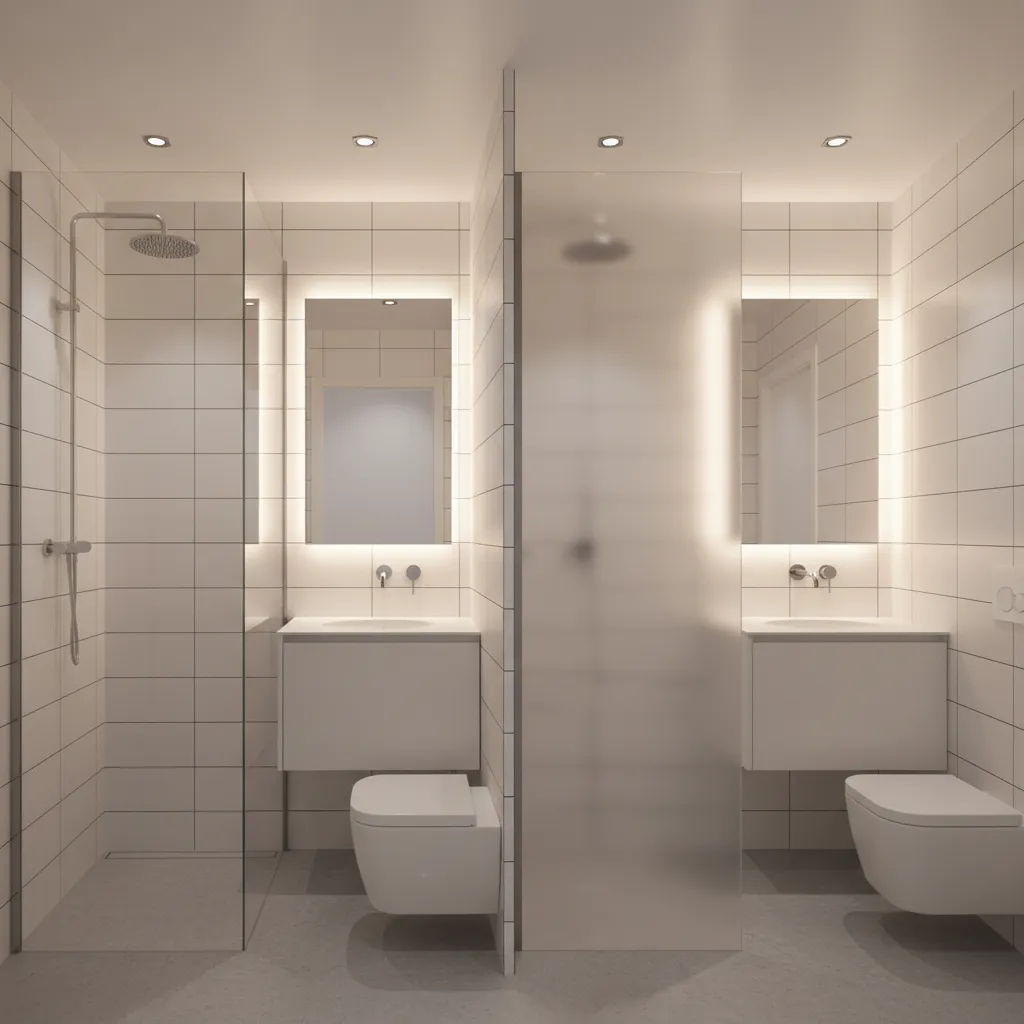 Small bathroom layout comparison showing clear glass door and frosted glass door