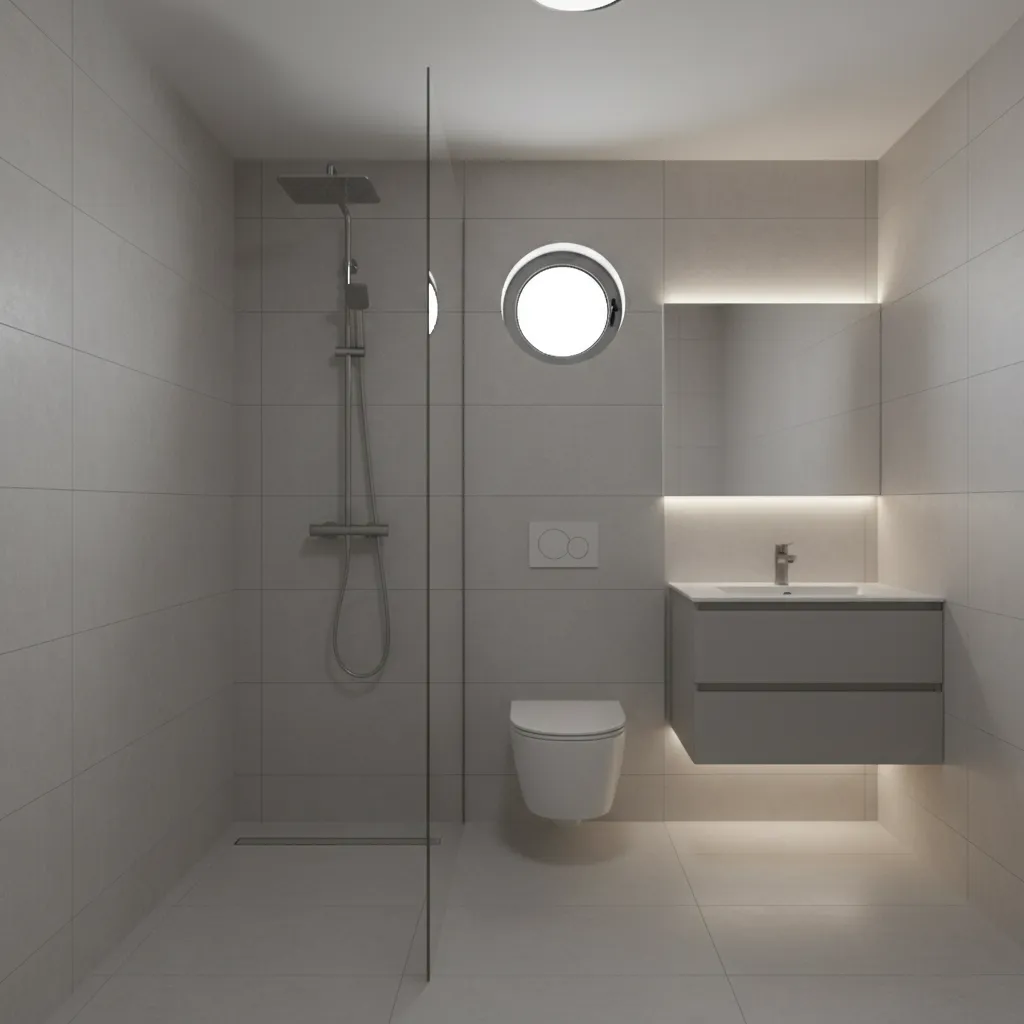 Compact wall mounted shower set in small bathroom