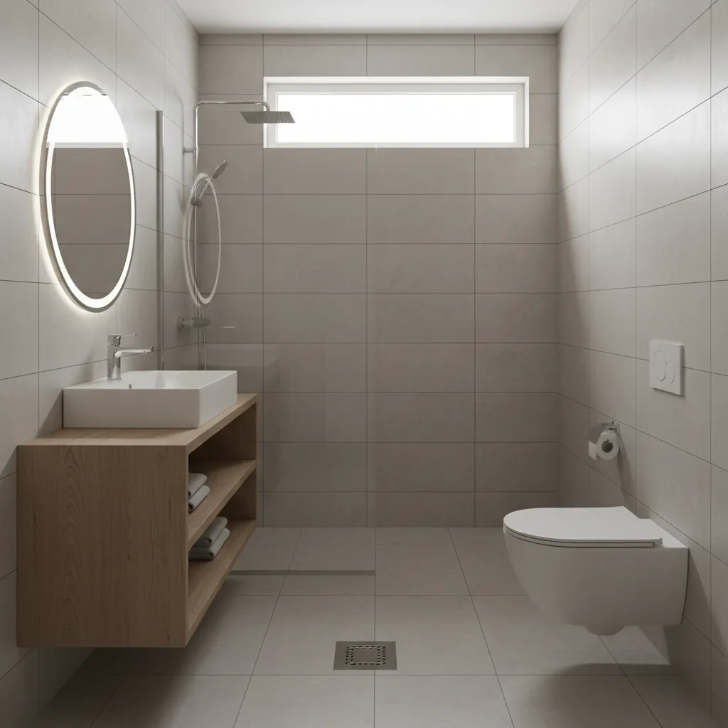 small bathroom with corner floor drain near shower