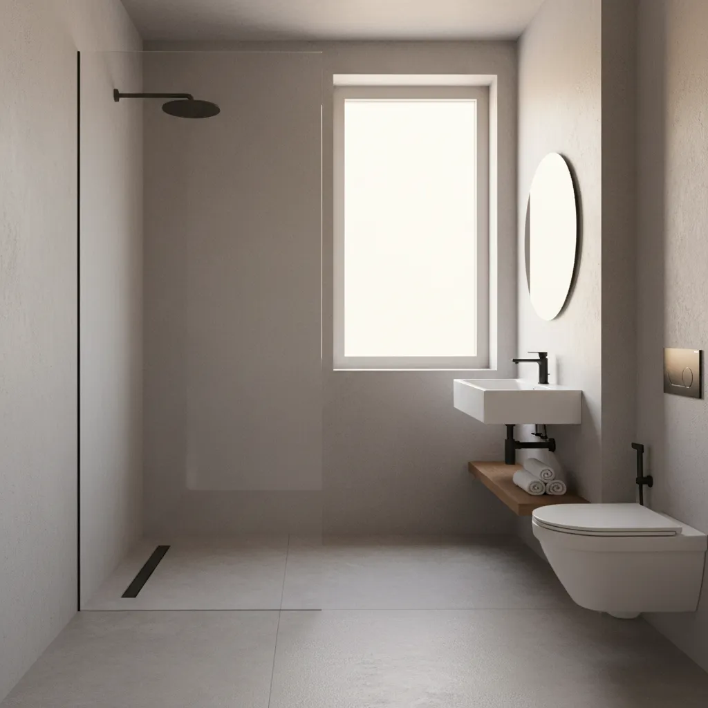Small bathroom with curbless shower floor extending into room