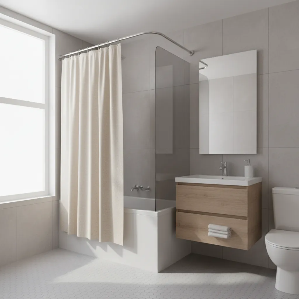 Compact bathroom using curved rod with shower curtain to improve space