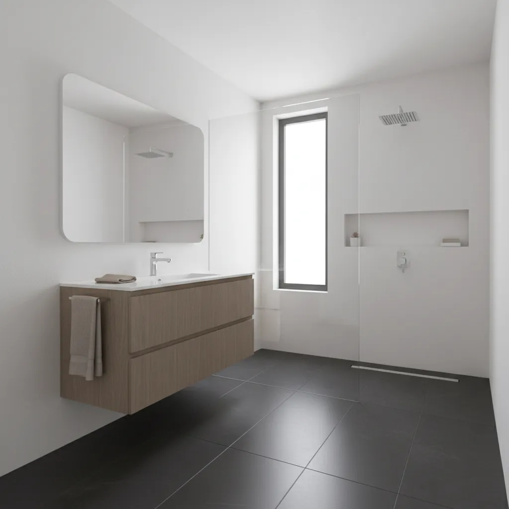Small Bathroom Design With Dark Floors and Bright Walls