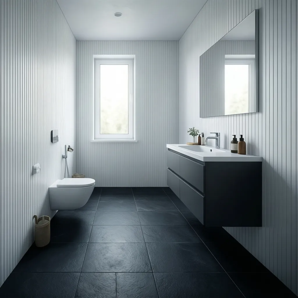 Compact bathroom with dark floor tiles and bright walls showing contrast design