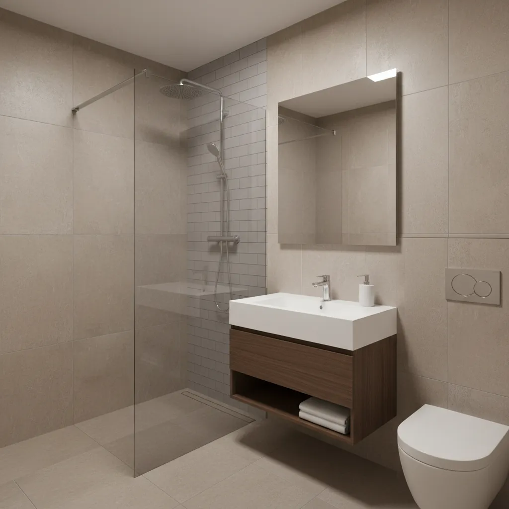 Baño pequeño moderno con ducha de vidrio y lavabo flotante