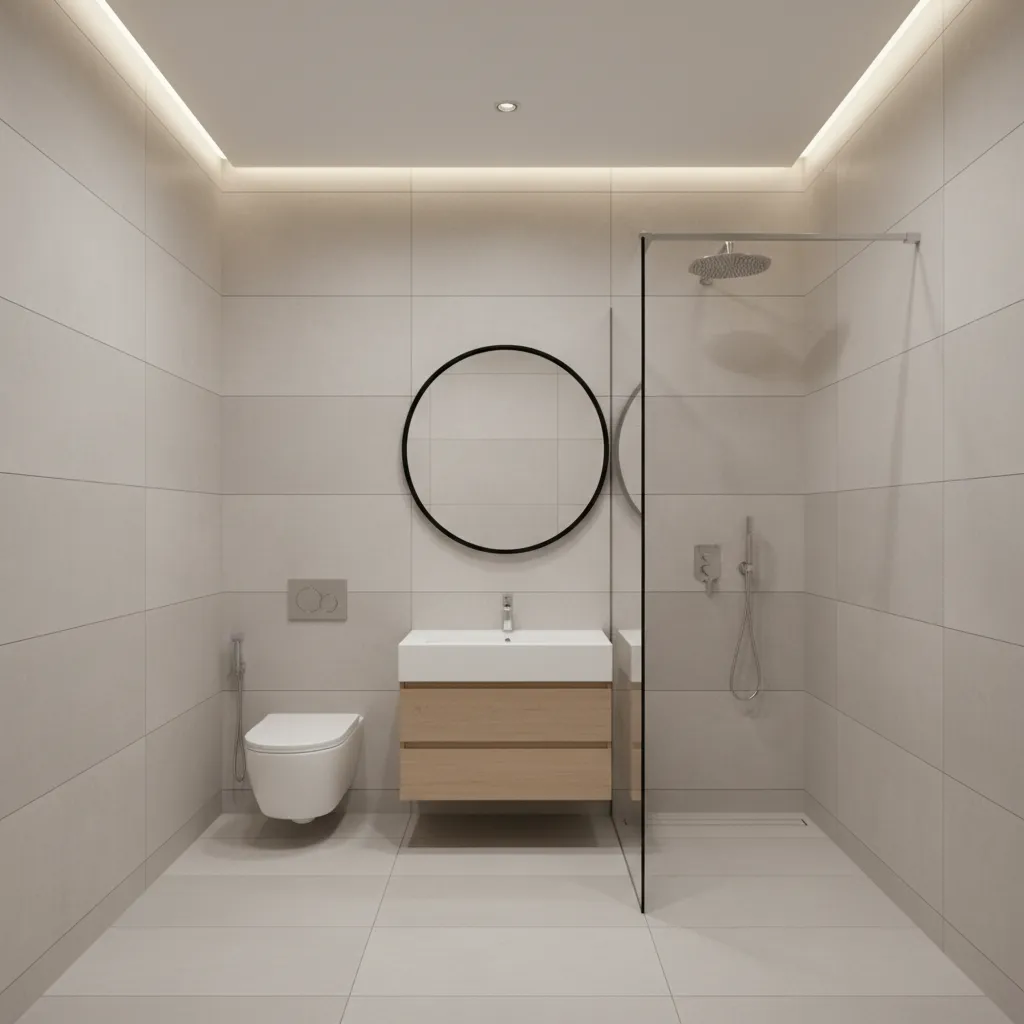 Small bathroom layout diagram showing minimum spacing and fixture placement