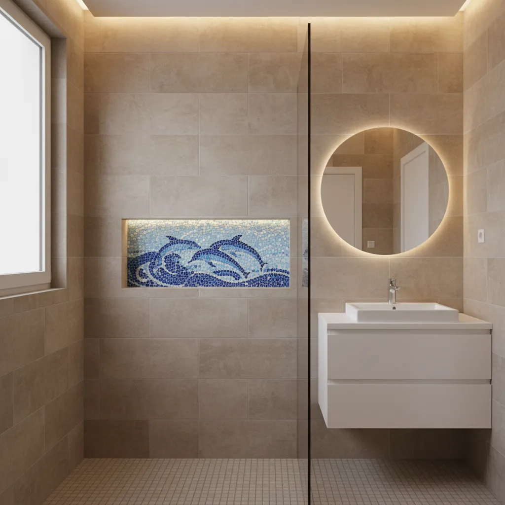 Small bathroom shower niche decorated with dolphin mosaic tiles